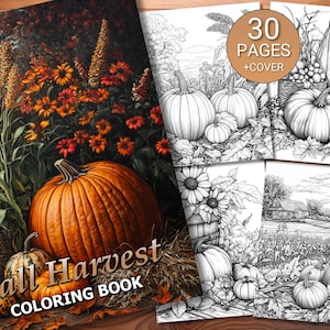 30 Fall Harvest Coloring Page Book - Adults + Kids - Instant Download - Grayscale Coloring Page - Printable PDF
