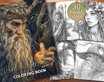 30 Libro de páginas para colorear de magia antigua - Adultos + Niños - Descarga instantánea - Página para colorear en escala de grises - PDF imprimible