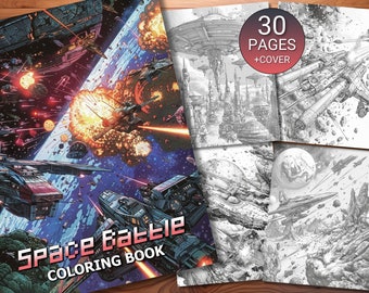 Pode incluir: Uma capa de livro para colorir que apresenta uma ilustração colorida de uma batalha espacial com naves espaciais, planetas e explosões. O título do livro é "Space Battle Coloring Book" e o texto "30 Pages + Cover" também é visível.