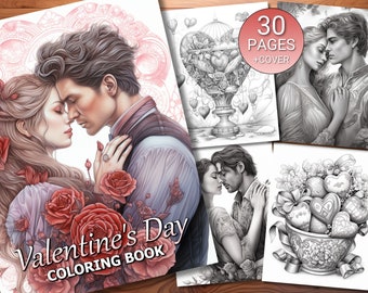 30 Valentijnsdag kleurplaatboek - volwassenen + kinderen - Instant Download - grijswaarden kleurplaat - afdrukbare PDF