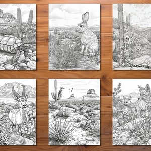 May include: Six black and white illustrations of desert wildlife and landscapes. The images feature a tortoise, a rabbit, a cheetah, an antelope, a cactus with a bird, and two foxes. The illustrations are detailed and realistic.