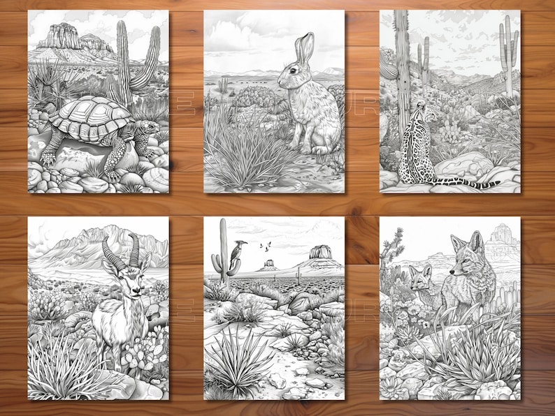 May include: Six black and white illustrations of desert wildlife and landscapes. The images feature a tortoise, a rabbit, a cheetah, an antelope, a cactus with a bird, and two foxes. The illustrations are detailed and realistic.