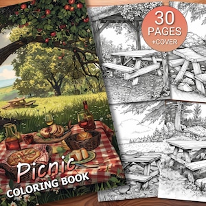 30 Picnic Coloring Page Book - Adults + Kids - Instant Download - Grayscale Coloring Page - Printable PDF
