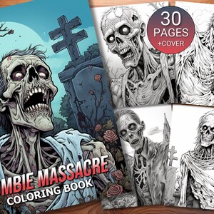 30 Zombie Massacre Coloring Page Book - Adults + Kids - Instant Download - Grayscale Coloring Page - Printable PDF