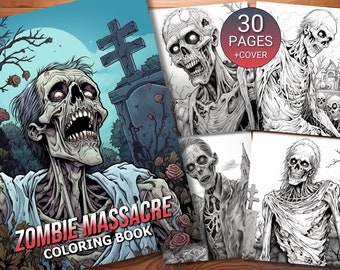 30 Zombie Massacre Coloring Page Book - Adults + Kids - Instant Download - Grayscale Coloring Page - Printable PDF