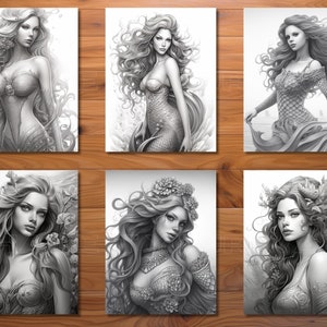 May include: Six black and white illustrations of women with long flowing hair. Each woman is depicted with a different hairstyle and facial expression. The illustrations are drawn in a realistic style and feature intricate details.