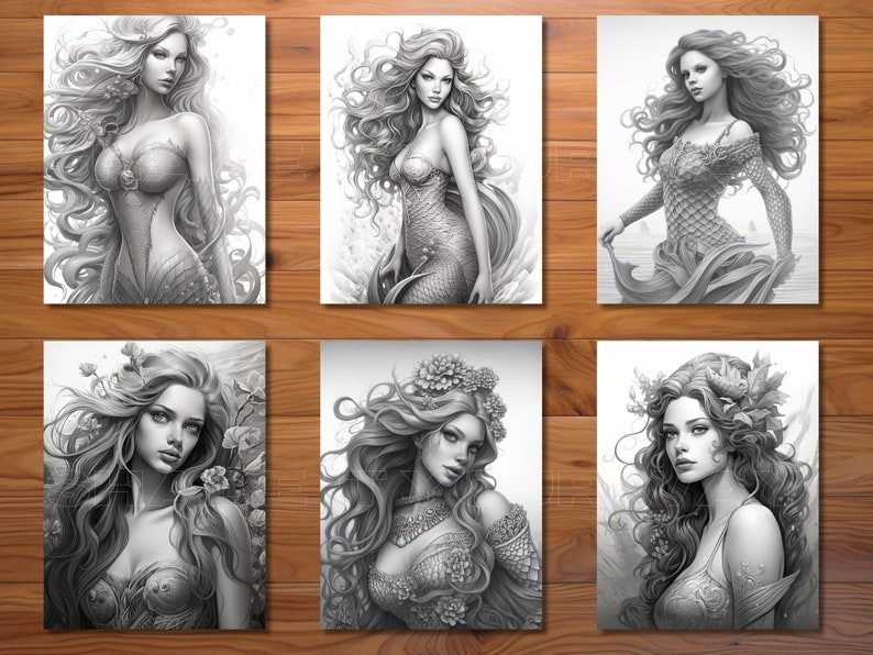 May include: Six black and white illustrations of women with long flowing hair. Each woman is depicted with a different hairstyle and facial expression. The illustrations are drawn in a realistic style and feature intricate details.