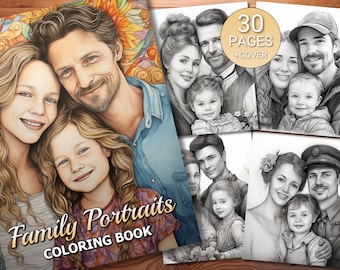30 Family Portraits Coloring Page Book - Adults + Kids - Instant Download - Grayscale Coloring Page - Printable PDF