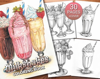 May include: A coloring book with a cover featuring three milkshakes with different toppings. The cover text reads "Milkshakes Coloring Book". The book includes 30 pages plus a cover.