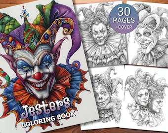 Libro de páginas para colorear de 30 bufones - Adultos + Niños - Descarga instantánea - Página para colorear en escala de grises - PDF imprimible
