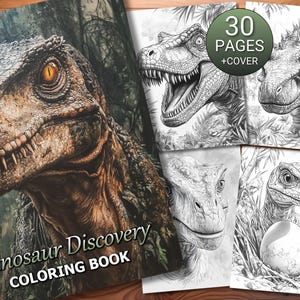 May include: A dinosaur coloring book with a close-up image of a dinosaur on the cover. The book has 30 pages plus a cover and features detailed illustrations of dinosaurs.