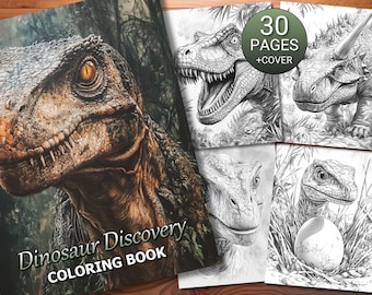 30 Dinosaur Discovery Coloring Page Book - Adults + Kids - Instant Download - Grayscale Coloring Page - Printable PDF