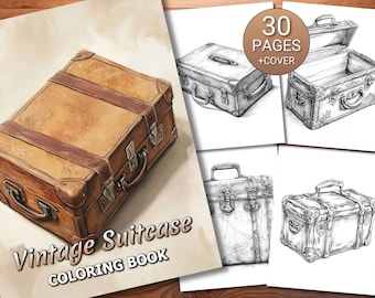 30 Vintage Koffer Malseiten Buch - Erwachsene + Kinder - Sofortiger Download - Graustufen Malseite - Druckbare PDF