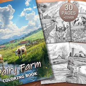 30 Dairy Farm Coloring Page Book - Adults + Kids - Instant Download - Grayscale Coloring Page - Printable PDF