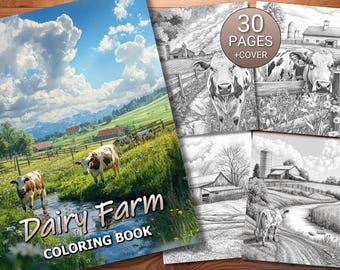 30 Dairy Farm Coloring Page Book - Adults + Kids - Instant Download - Grayscale Coloring Page - Printable PDF