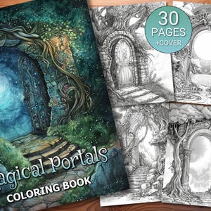 Libro de páginas para colorear de 30 portales mágicos - Adultos + Niños - Descarga instantánea - Página para colorear en escala de grises - PDF imprimible