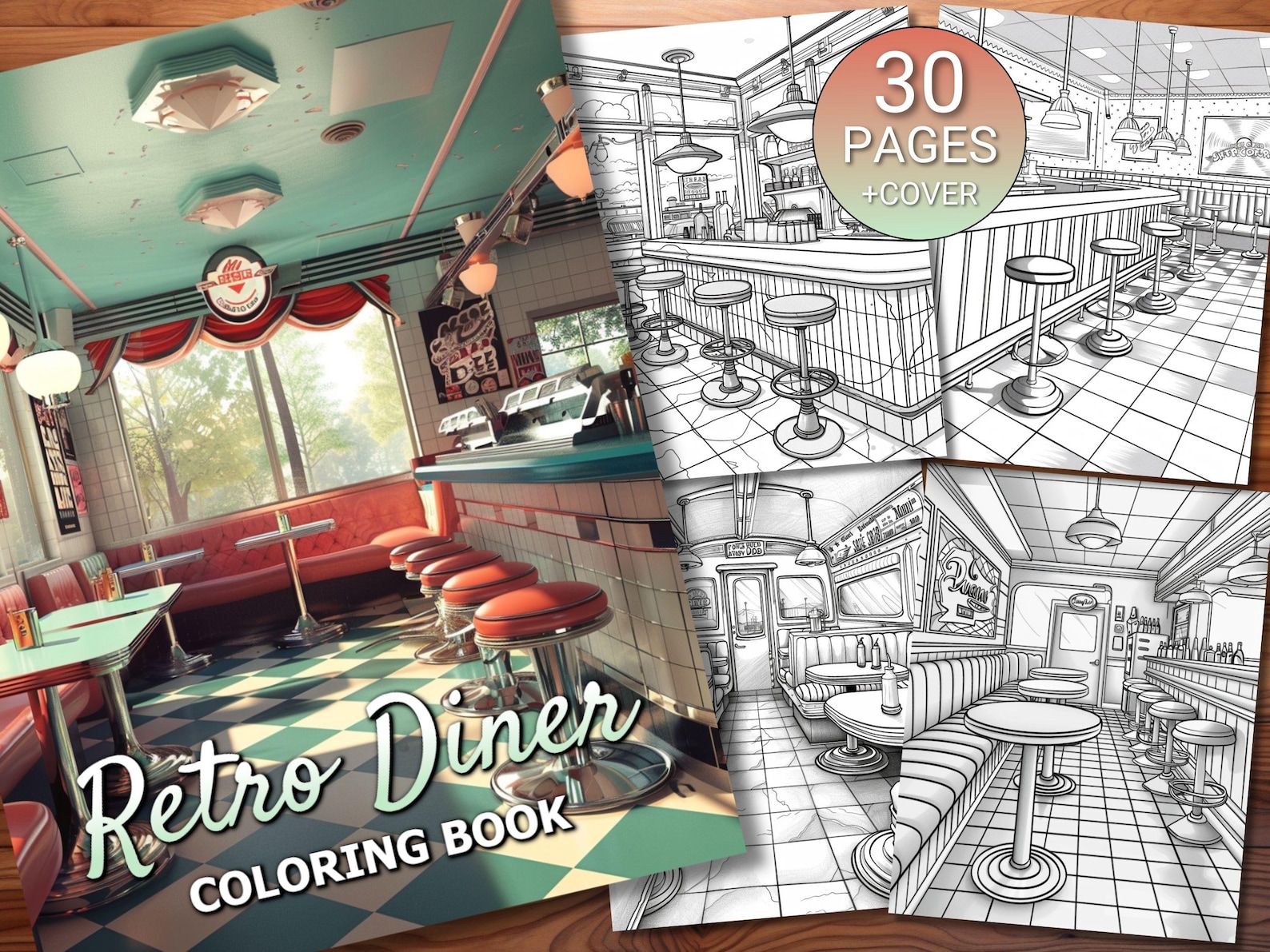 30 Retro Diner Coloring Page Book - Adults + Kids - Instant Download ...
