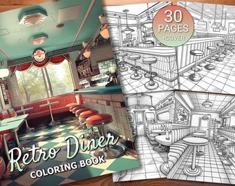 30 Retro Diner Malseiten Buch - Erwachsene + Kinder - Sofortiger Download - Graustufen Malseite - Druckbare PDF
