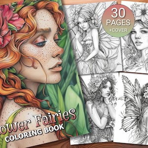 30 Flower Fairies Coloring Page Book - Adults + Kids - Instant Download - Grayscale Coloring Page - Printable PDF