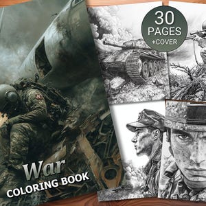 May include: A war-themed coloring book with 30 pages plus a cover. The cover features a soldier and the words "War COLORING BOOK". Inside are detailed black and white illustrations of tanks, soldiers, and war scenes.
