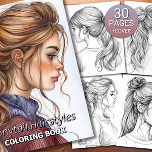 30 Ponytail Hairstyles Coloring Page Book - Adults + Kids - Instant Download - Grayscale Coloring Page - Printable PDF