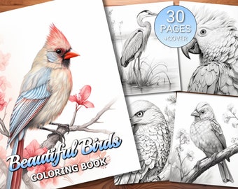 30 Beautiful Birds Coloring Page Book - Adults + Kids - Instant Download - Grayscale Coloring Page - Printable PDF