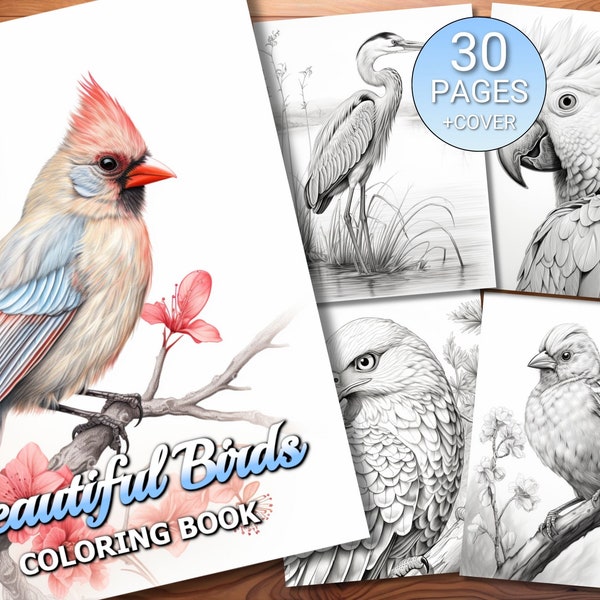 30 Beautiful Birds Coloring Page Book - Adults + Kids - Instant Download - Grayscale Coloring Page - Printable PDF