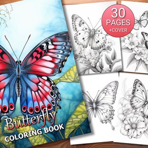 30 Butterfly Coloring Page Book - Adults + Kids - Instant Download - Grayscale Coloring Page - Printable PDF
