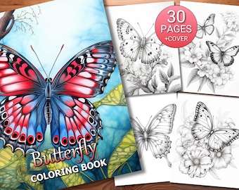 Livro de páginas para colorir de 30 borboletas - Adultos + crianças - Download instantâneo - Página para colorir em tons de cinza - PDF para impressão