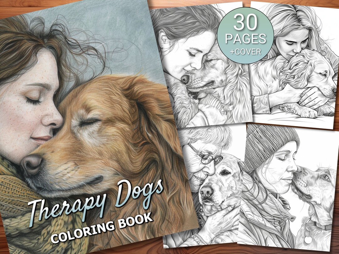 30 Therapy Dogs Coloring Page Book - Adults + Kids - Instant Download - Grayscale Coloring Page ...