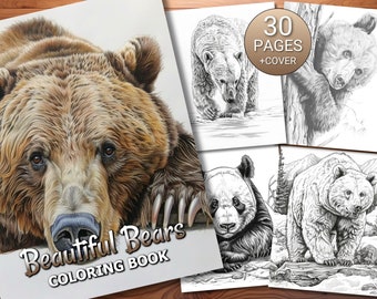 30 Beautiful Bears Coloring Page Book - Adults + Kids - Instant Download - Grayscale Coloring Page - Printable PDF