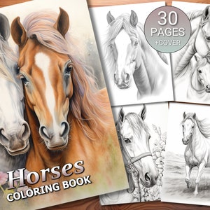 30 Horses Coloring Page Book - Adults + Kids - Instant Download - Grayscale Coloring Page - Printable PDF