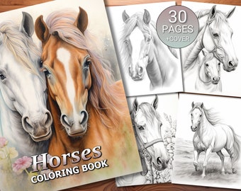 Op de afbeelding: Een kleurboek met paarden. De omslag toont twee paarden, een wit en een bruin, met hun hoofden tegen elkaar. De titel van het boek is "Horses Coloring Book". Er zijn 30 pagina's plus een omslag.