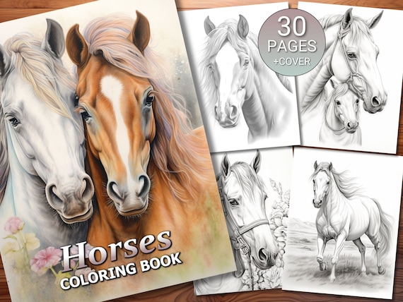 30 Horses Coloring Page Book - Adults + Kids - Instant Download - Grayscale Coloring Page - Printable PDF