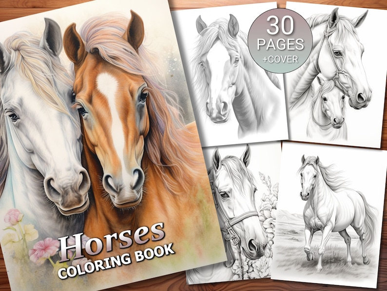 30 Horses Coloring Page Book Adults Kids Instant Download Grayscale ...