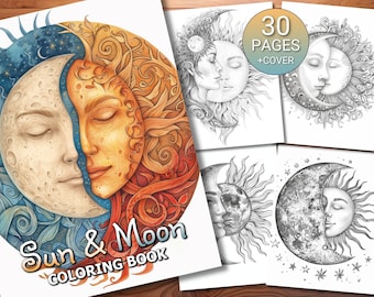 30 Libro de páginas para colorear Sol y Luna - Adultos + Niños - Descarga instantánea - Página para colorear en escala de grises - PDF imprimible