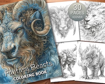 30 Fantasy Beasts kleurplaten paginaboek - volwassenen + kinderen - direct downloaden - kleurplaat grijswaarden - afdrukbare pdf