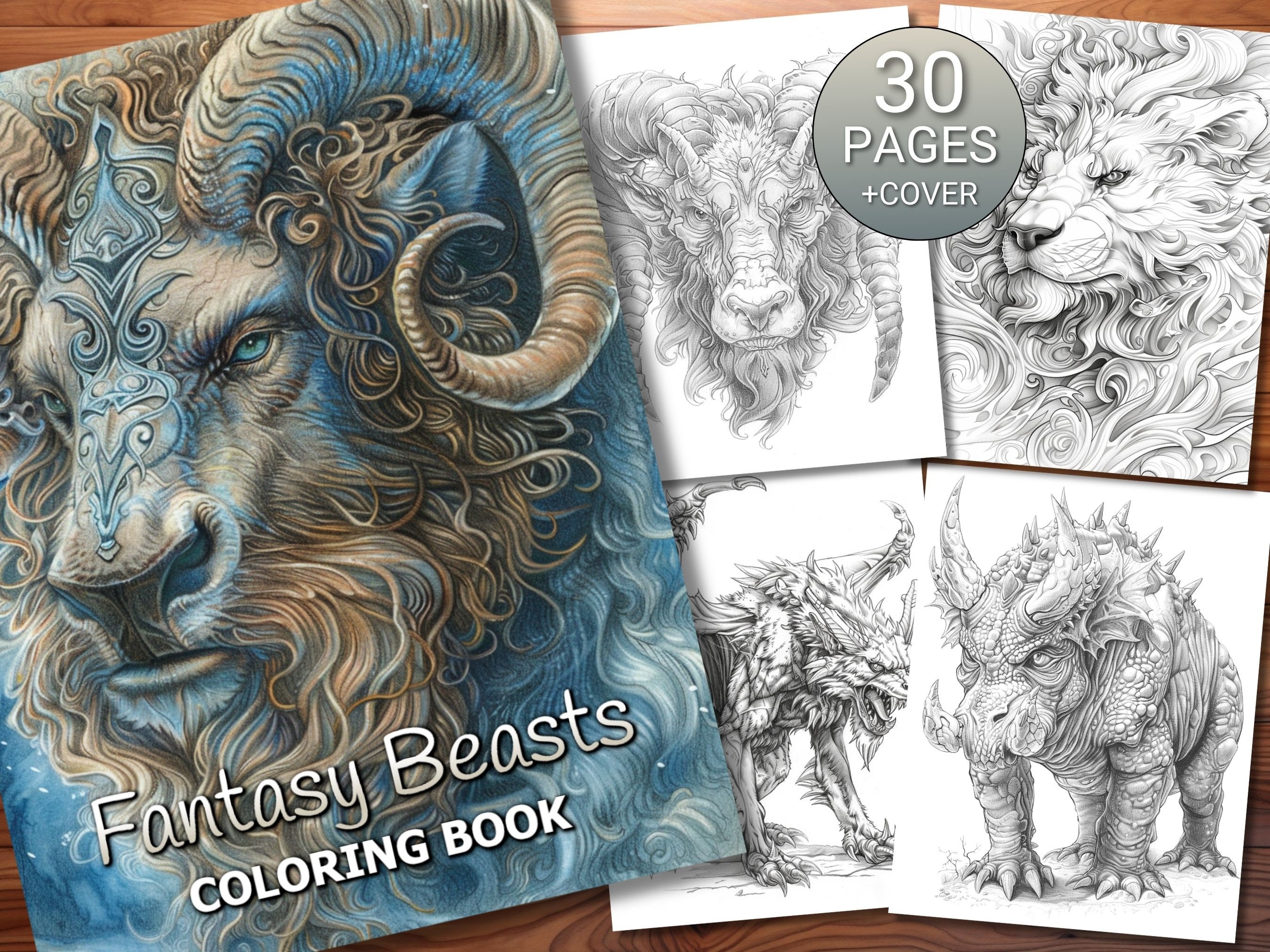 30 Fantasy Beasts Coloring Page Book - Adults + Kids - Instant Download ...