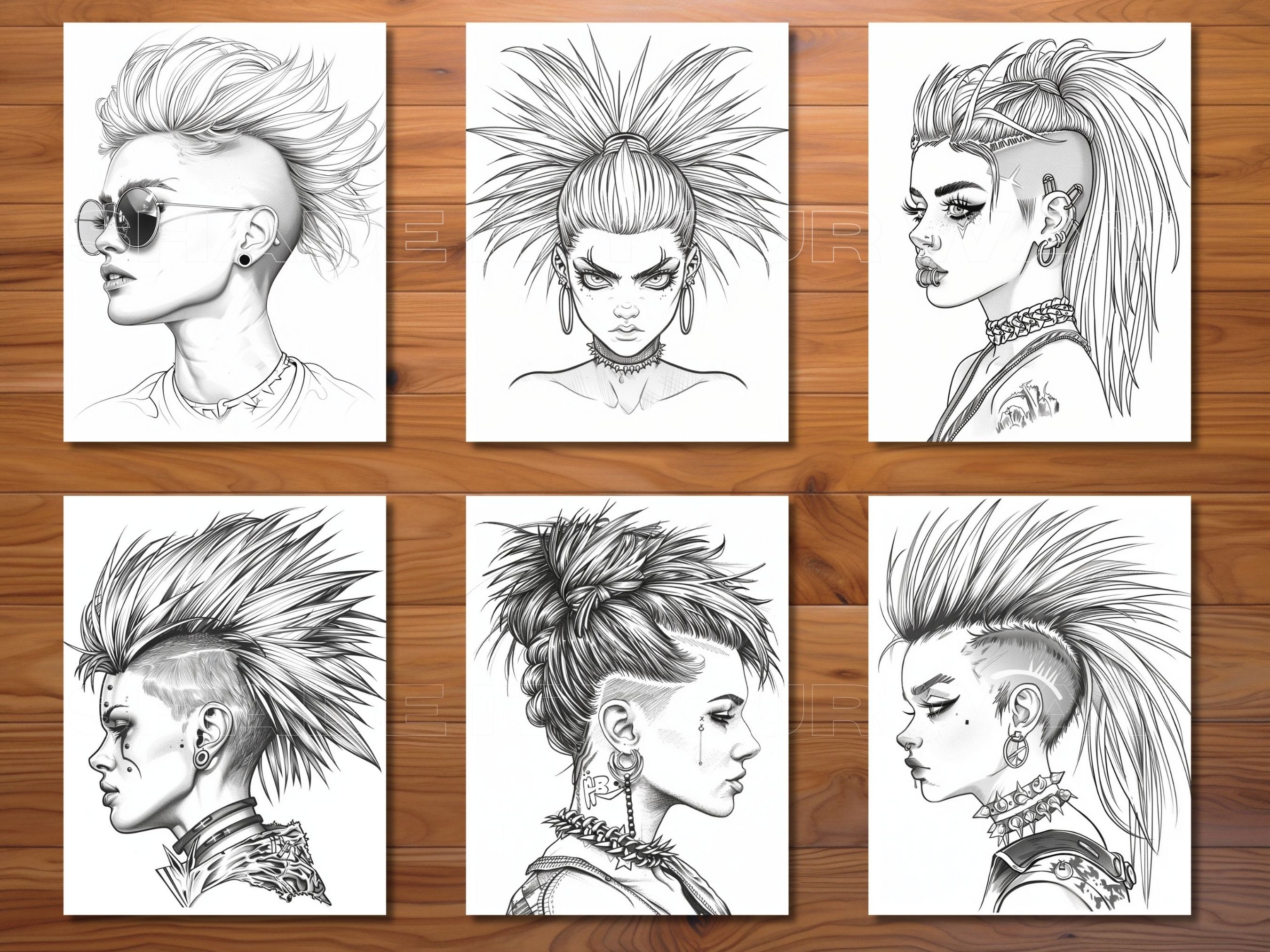 Color Book Punk 30 Punk Hairstyles Coloring Page Book - Adults + Kids - Instant ...