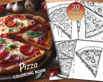 30 Pizza Coloring Page Book - Adults + Kids - Instant Download - Grayscale Coloring Page - Printable PDF