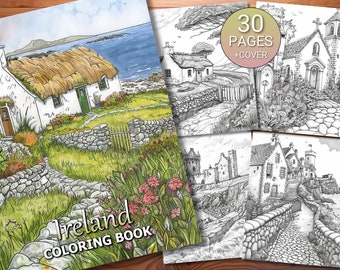 30 Ireland Coloring Page Book - Adults + Kids - Instant Download - Grayscale Coloring Page - Printable PDF