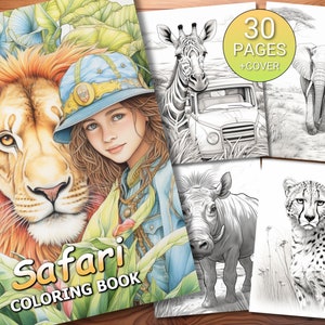 30 Safari Coloring Page Book - Adults + Kids - Instant Download - Grayscale Coloring Page - Printable PDF