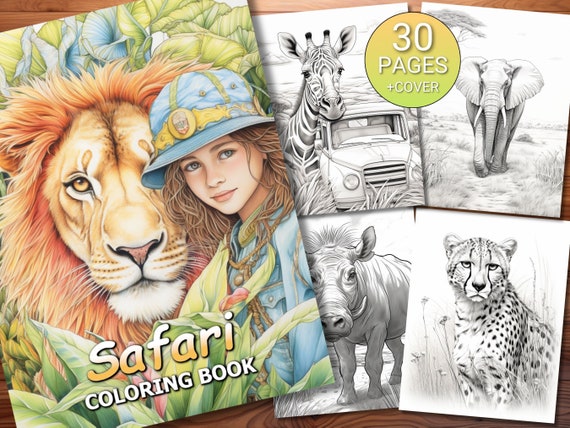 30 Safari Coloring Page Book - Adults + Kids - Instant Download - Grayscale Coloring Page - Printable PDF