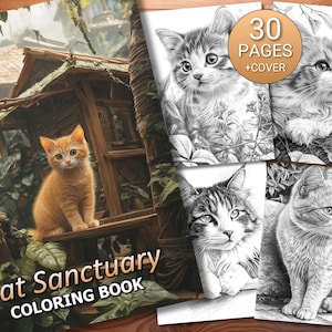 Può includere: Un libro da colorare intitolato "Cat Sanctuary" con un gattino arancione sulla copertina. Il libro presenta illustrazioni in bianco e nero di gatti, con un adesivo circolare che indica "30 PAGES + COVER". La copertina riporta le parole "Cat Sanctuary COLORING BOOK".