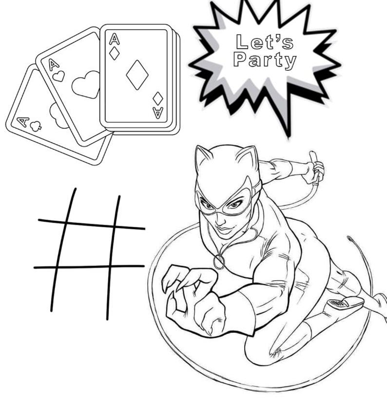 May include: Black and white illustration featuring playing cards, a tic-tac-toe grid, a superheroine, and a speech bubble with the text "Let's Party". The playing cards show the Ace of hearts, diamonds, and spades.