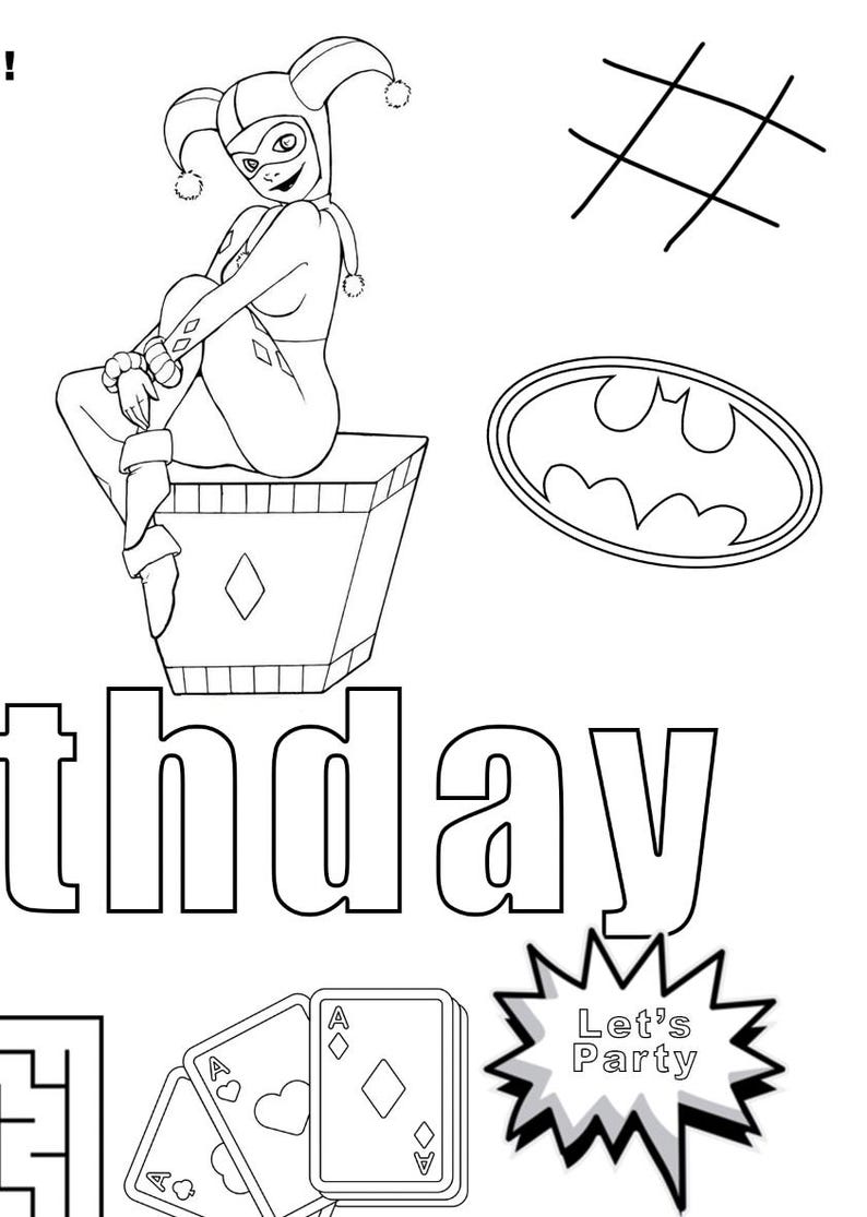 May include: Black and white illustration featuring Harley Quinn, Batman's logo, playing cards, a tic-tac-toe grid, and the word "thday". A "Let's Party" graphic is also included. This image is suitable for coloring.
