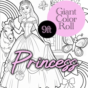 May include: A black and white colouring page featuring a princess in a gown, a unicorn, butterflies, and a rainbow. The text "Giant Colour Roll 9ft Princess" is written on the page.
