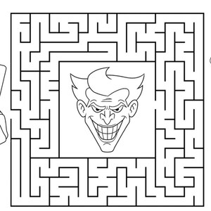 May include: Black and white maze puzzle featuring the Joker's face in the center. The maze is a square shape with a complex path. The Joker's face is a cartoon illustration with a wide grin and spiky hair.