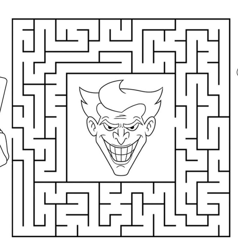 May include: Black and white maze puzzle featuring the Joker's face in the center. The maze is a square shape with a complex path. The Joker's face is a cartoon illustration with a wide grin and spiky hair.