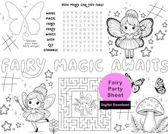 Fairy Birthday Activity Sheet, Coloring Placemat (Digital Download)